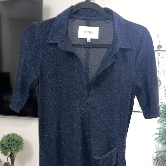 PISTOLA Vita Polo Dress Navy Shimmer Midi Short Sleeve Side Gather, Slits Sz S - Picture 8 of 15